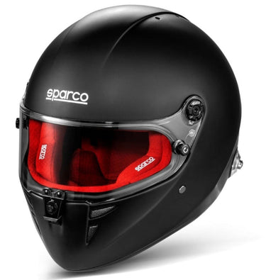 Sparco Stealth RF SA2025 matte black racing helmet angled front view with red interior